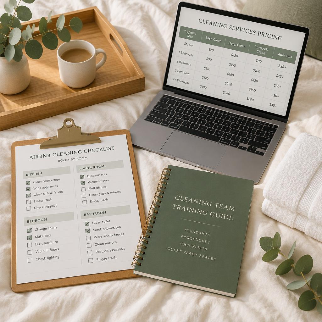 The Airbnb Cleaning Startup Kit: a turnover checklist on a clipboard, a pricing spreadsheet on a laptop and a training guide on fresh linens